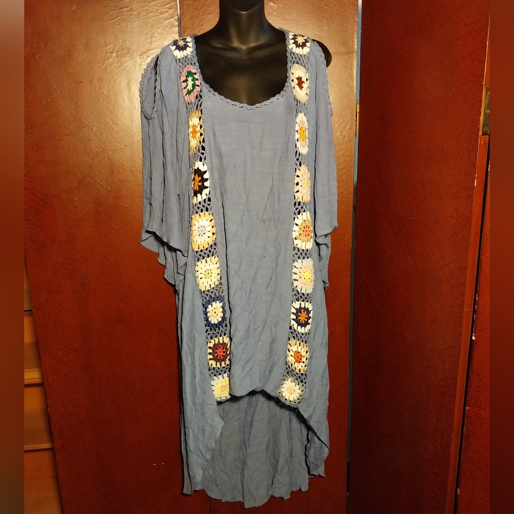 Bohemian Blue Dress with Crochet Accents